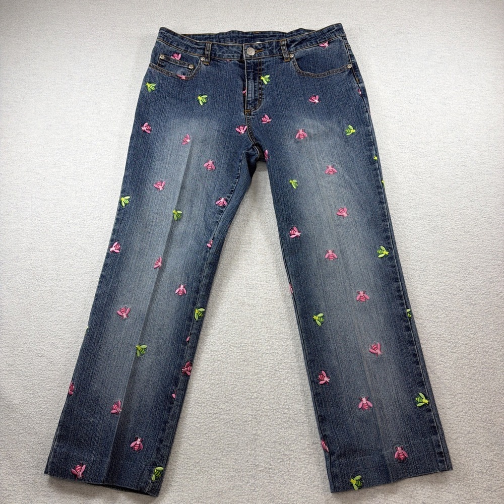 Rare Lilly Pulitzer Jeans Embroidered Preppy Pink & Green Bees-Size 12 hemmed 26
